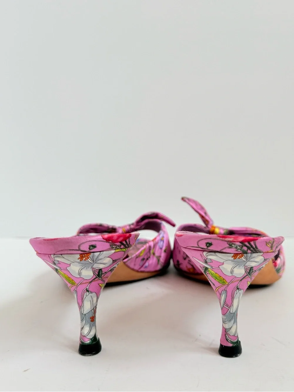 Gucci Flora Satin Bow Mule Heels Pink Cyclamen Floral Sandals US 9 Vintage Y2K - Picture 7 of 13